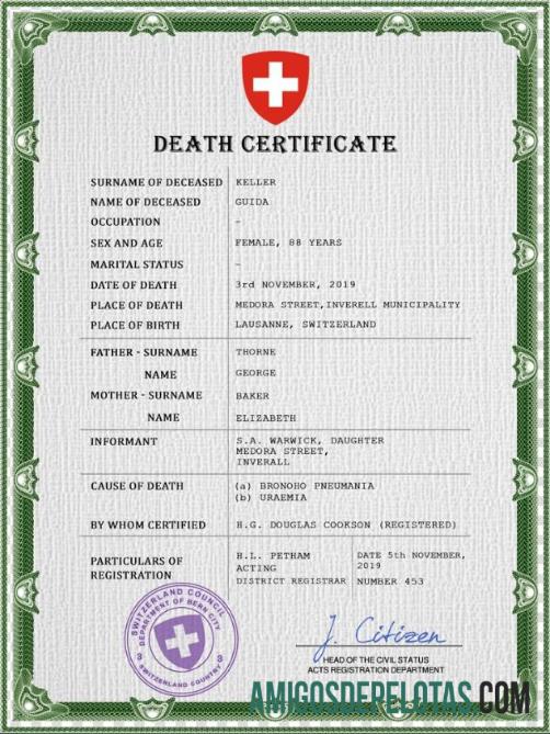 Realista modelo PSD de certidão de óbito da Suíça